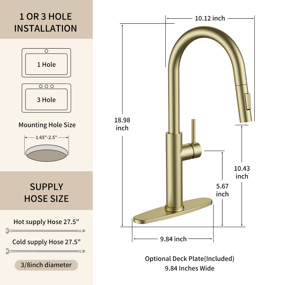 Kitchen Faucet with Pull Down Sprayer Brushed Gold