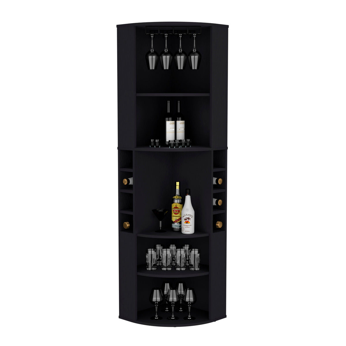 Oban Corner Bar Cabinet with Five Shelves , Eight Bottle Cubbies and Steamware Black