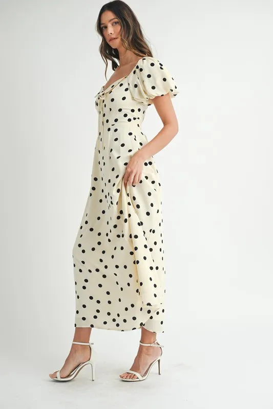 Polka Dot Puff Sleeve Midi Dress For Women – Vintage Fluttering Polka Dot Dress, Feminine Puff Sleeve Dress, Retro Midi Dress, Classic Chic Dress