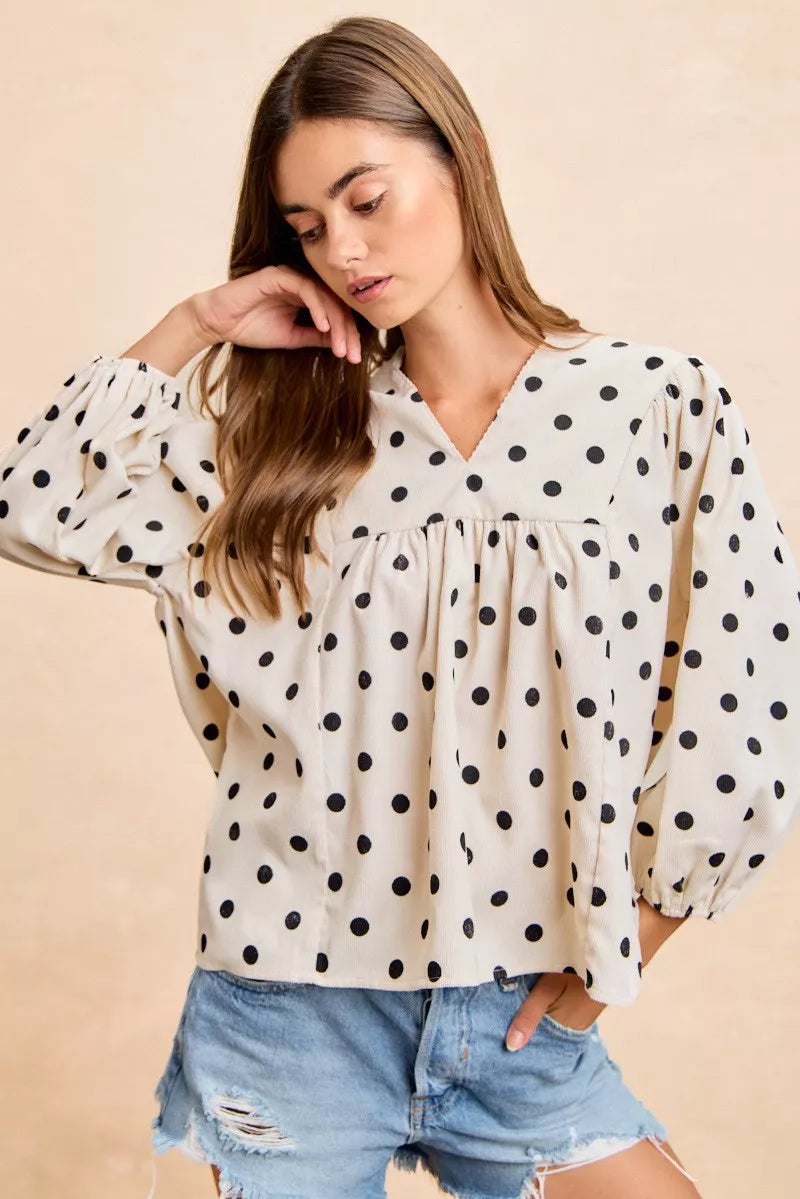 BiBi Polka Dot Corduroy Quarter Sleeves V Neck Blouse