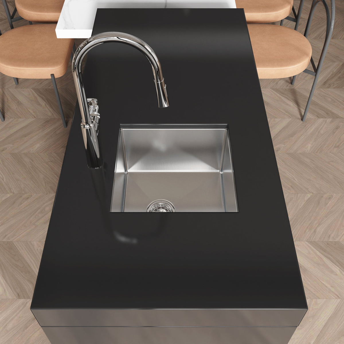 Stainless Steel Kitchen Sink, 18″x18″ Single Bowl, Undermount HandmadeSink in Brushed Nickel, with US Standard Drain and Hook, LS-SSBR07