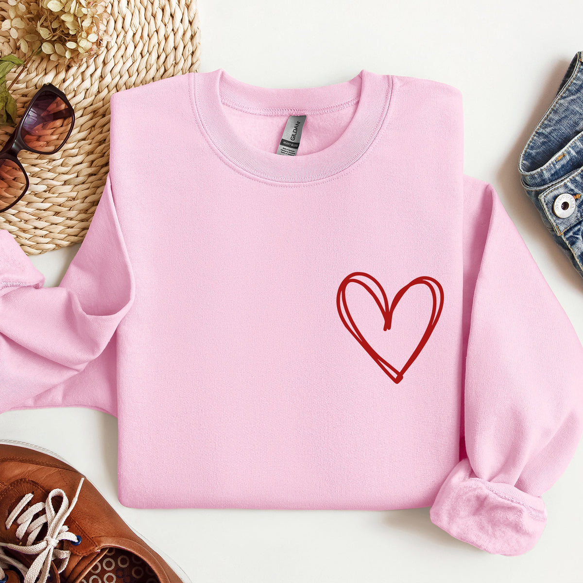Double Heart Pocket Print Valentine's Day Cozy Brushed Fleece Premium Cotton Sweatshirt