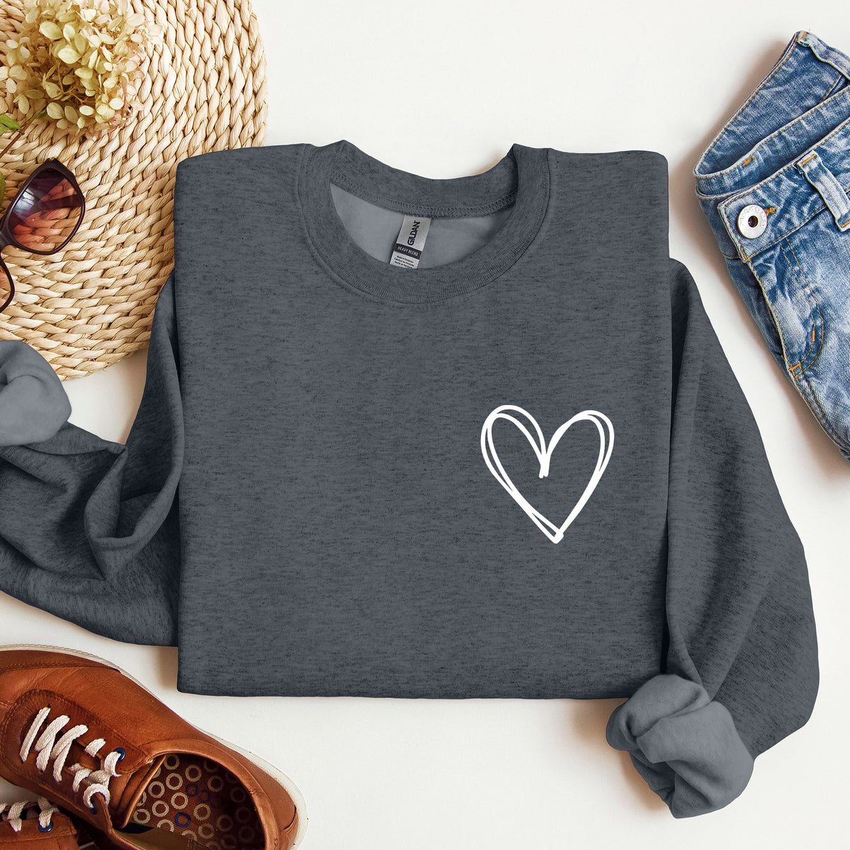 Double Heart Pocket Print Valentine's Day Cozy Brushed Fleece Premium Cotton Sweatshirt