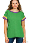 Zenana Mardi Gras Raised Rib Contrast Trim Top