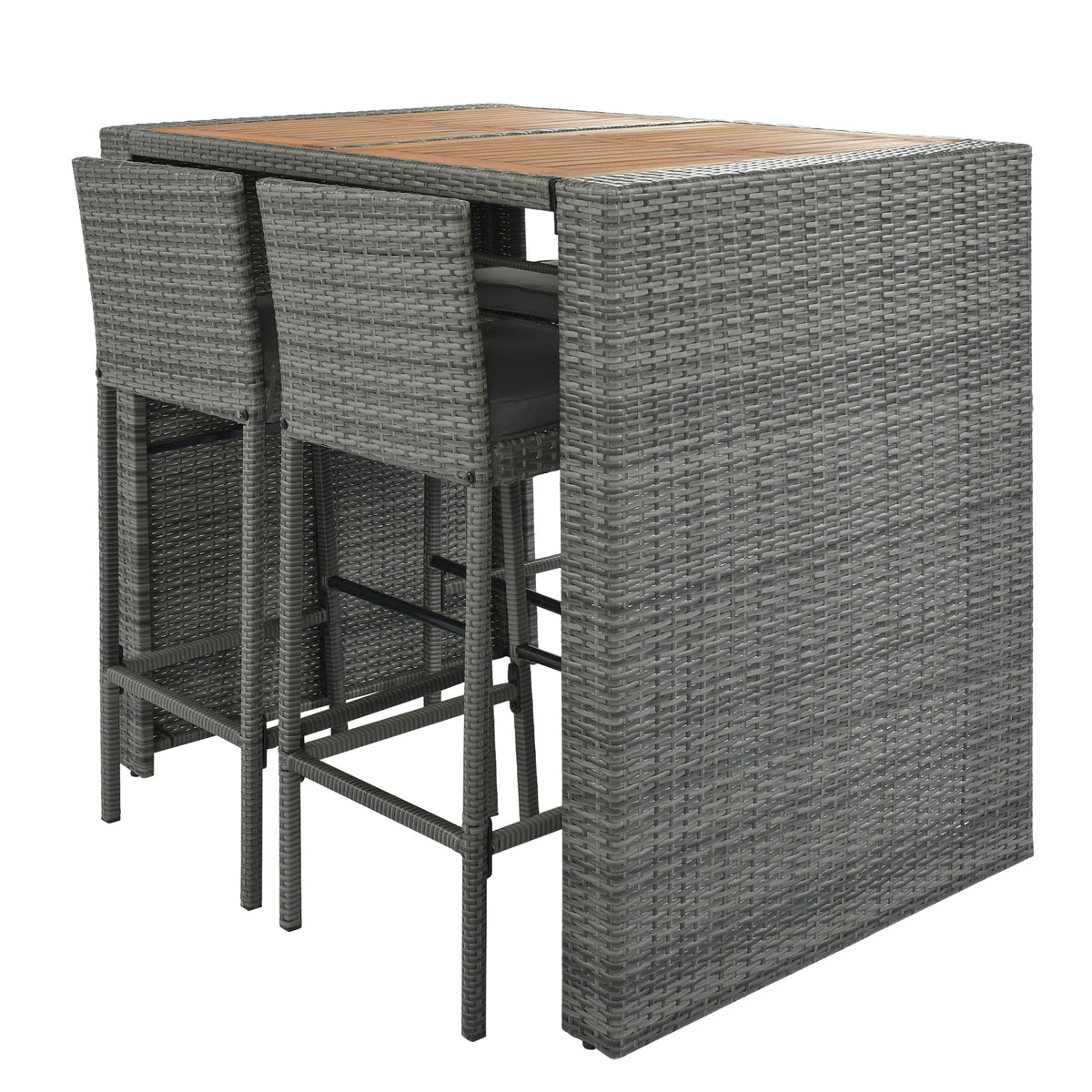 5-piece Outdoor Patio Wicker Bar Set, Bar Height Chairs With Non-Slip Feet And Fixed Rope, Removable Cushion, Acacia Wood Table Top, Brown Wood And Gray Wicker