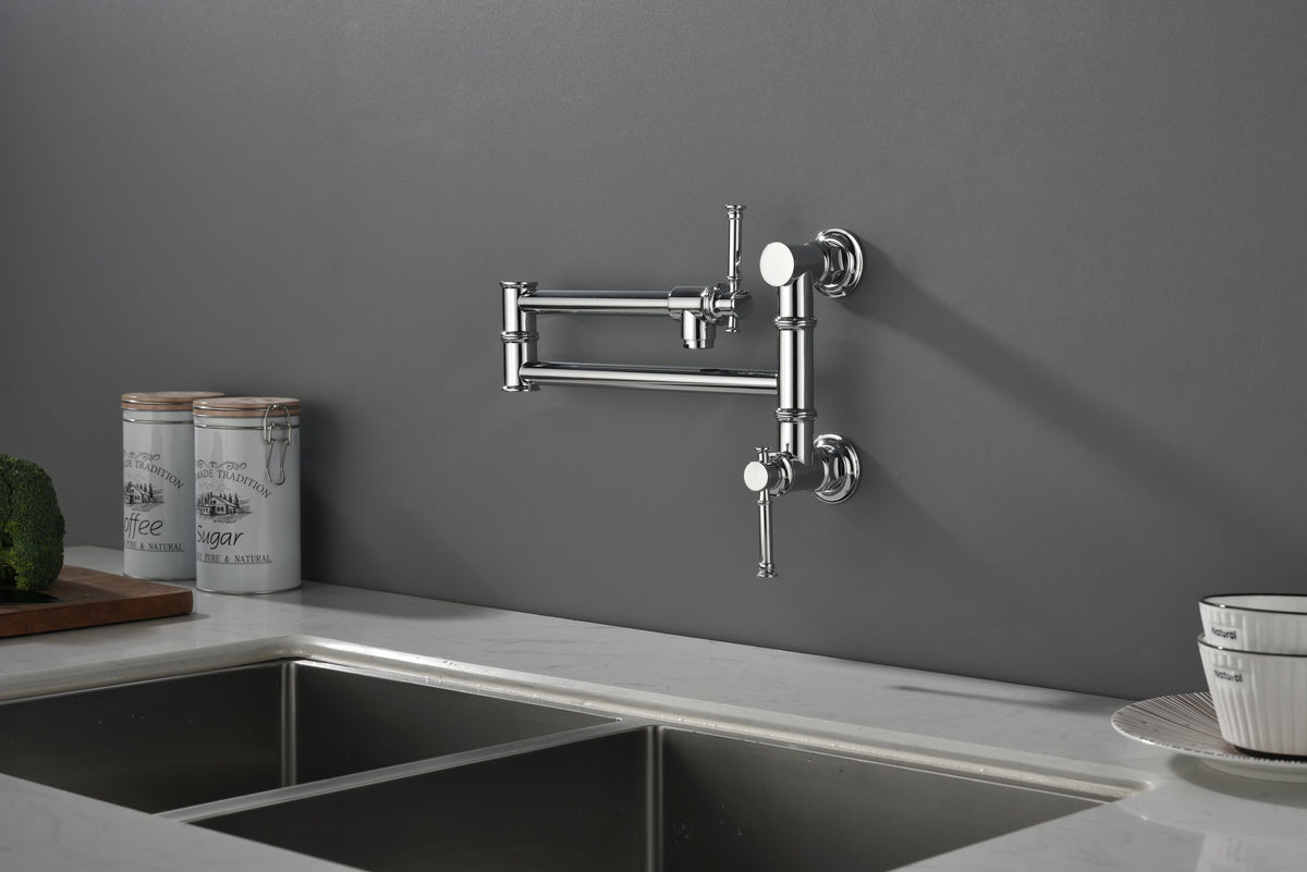 Wall mounted Pot Filler Faucet, Modern Brass Pot Filler Two-Attachment Wall Mount Folding Kitchen Pot Filler Swing Arm