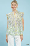Umgee Floral Print Flutter Sleeve Split Neck Top