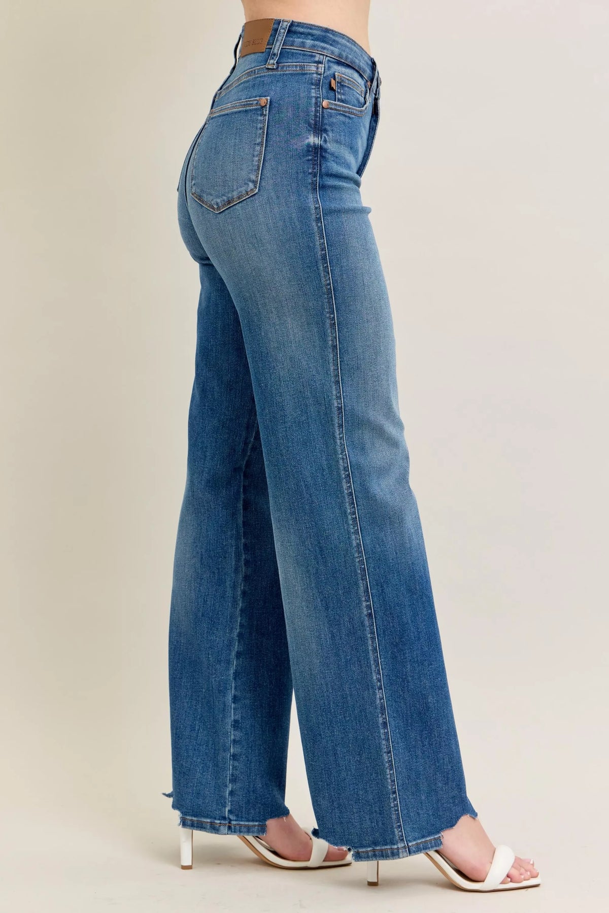 Judy Blue Full Size High Waist Tummy Control Chew Hem Destroyed Wide Jeans Plus Size