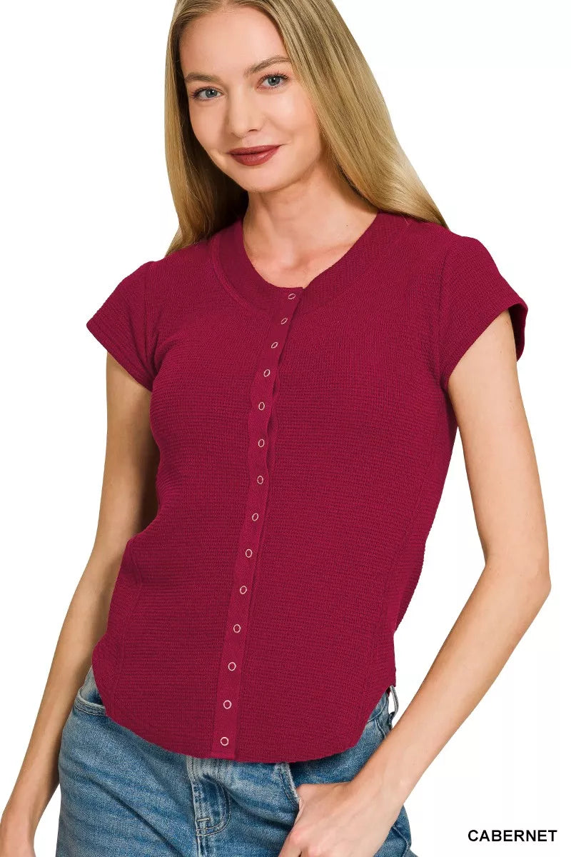 Zenana Double Knit Snap Button Short Sleeve Shirt