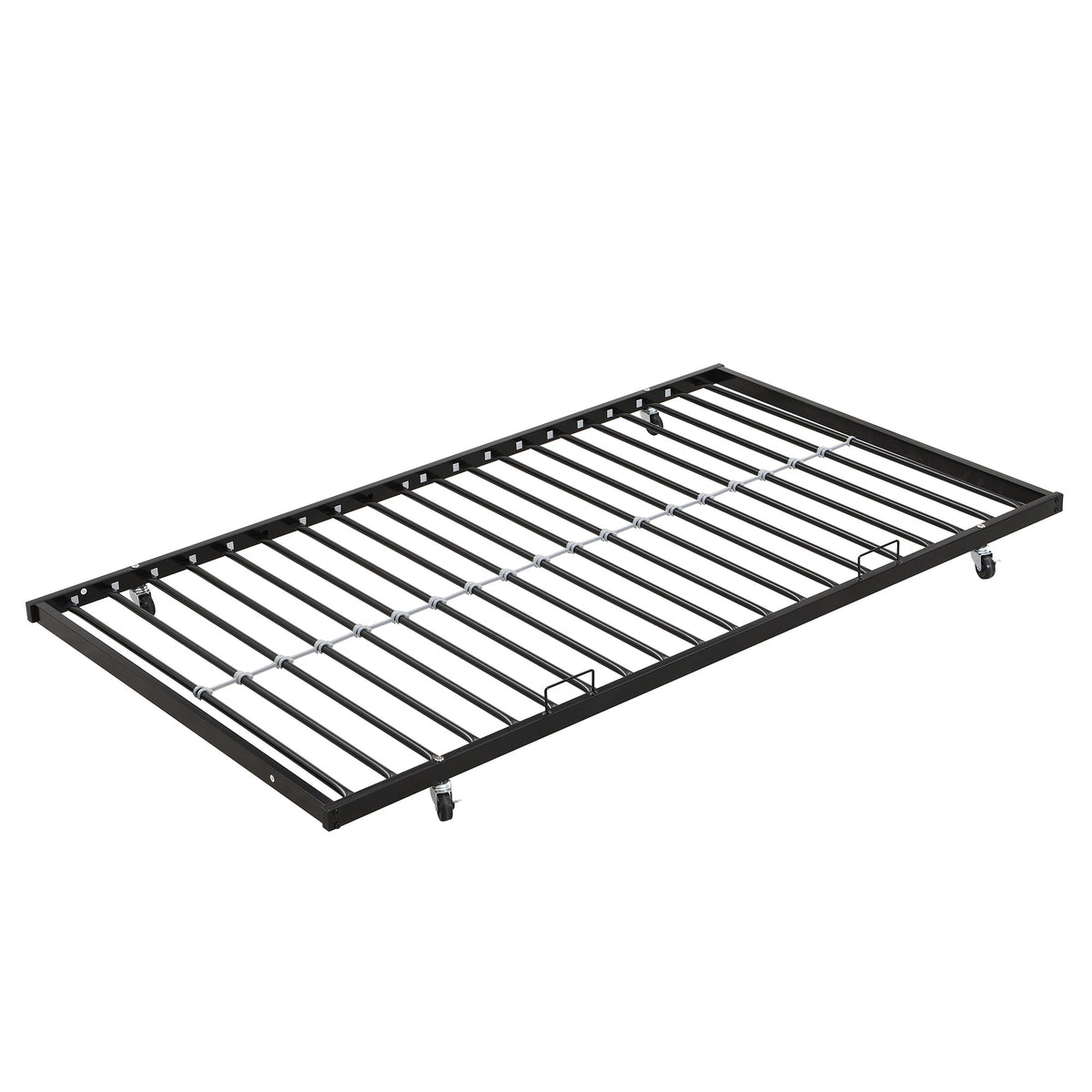 Modern Twin Over Full Metal Bunk Bed with Trundle and Dual Side Ladder, Black & Brown MDF and Metal Design, Easy Assembly