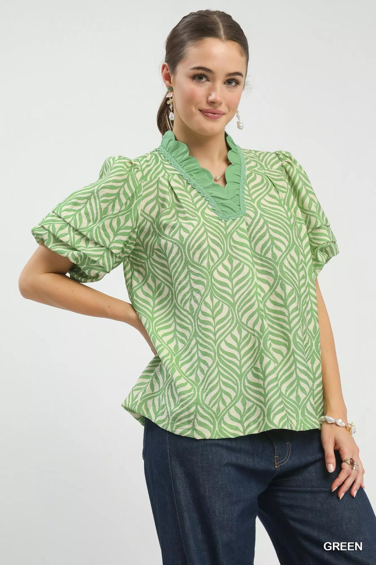 Umgee Printed Puff Sleeve Ruffle Neck Top