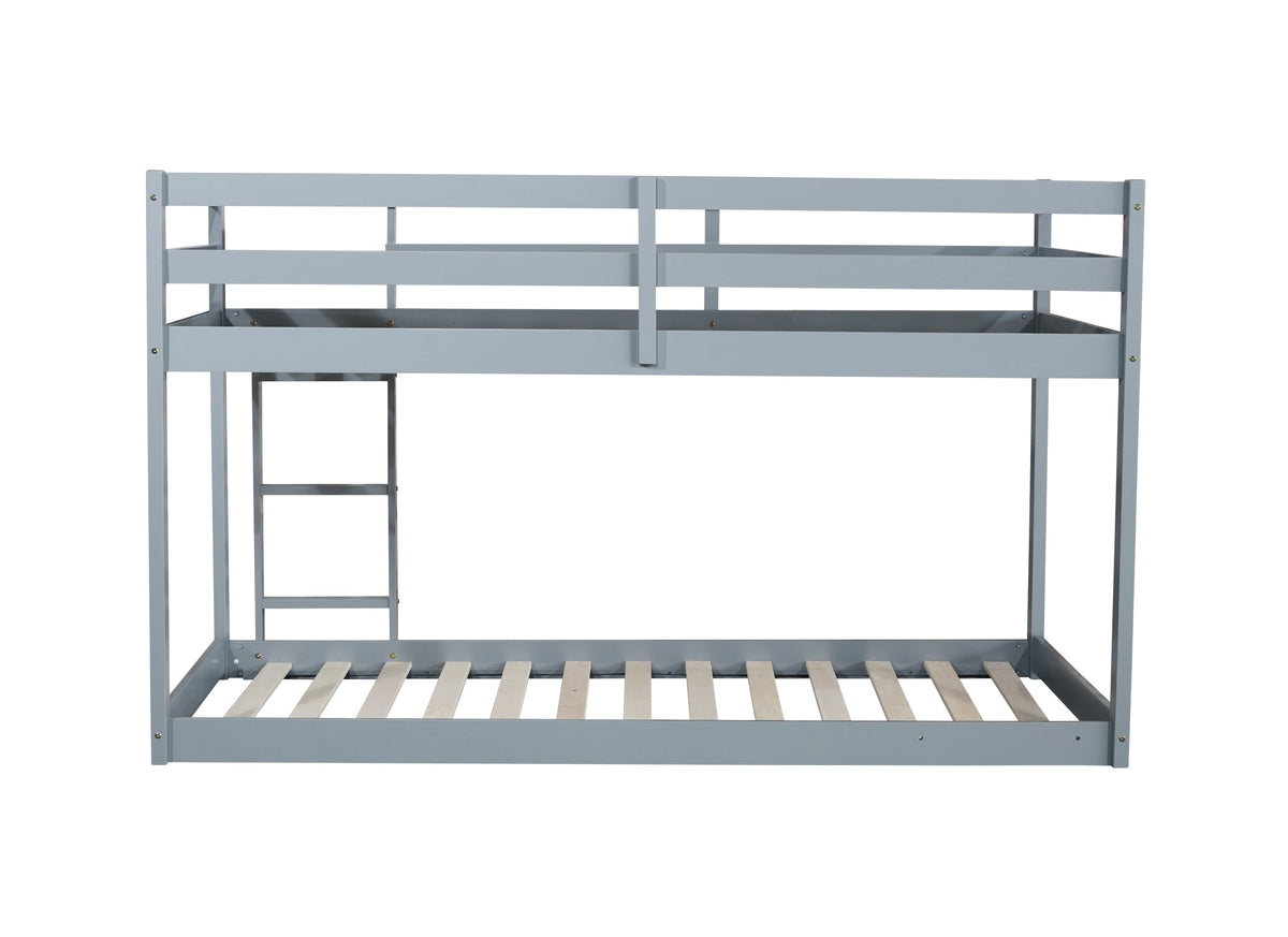 Solid Wooden , Solid Rubber Wooden Twin over Twin Floor Bunk Bed with Ladder ,Upper and Bottom Bed Platforms crafted with Strengthened Slats ,Grey