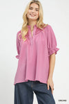 Umgee Textured Henley Blouse with Ruffle Cuffs