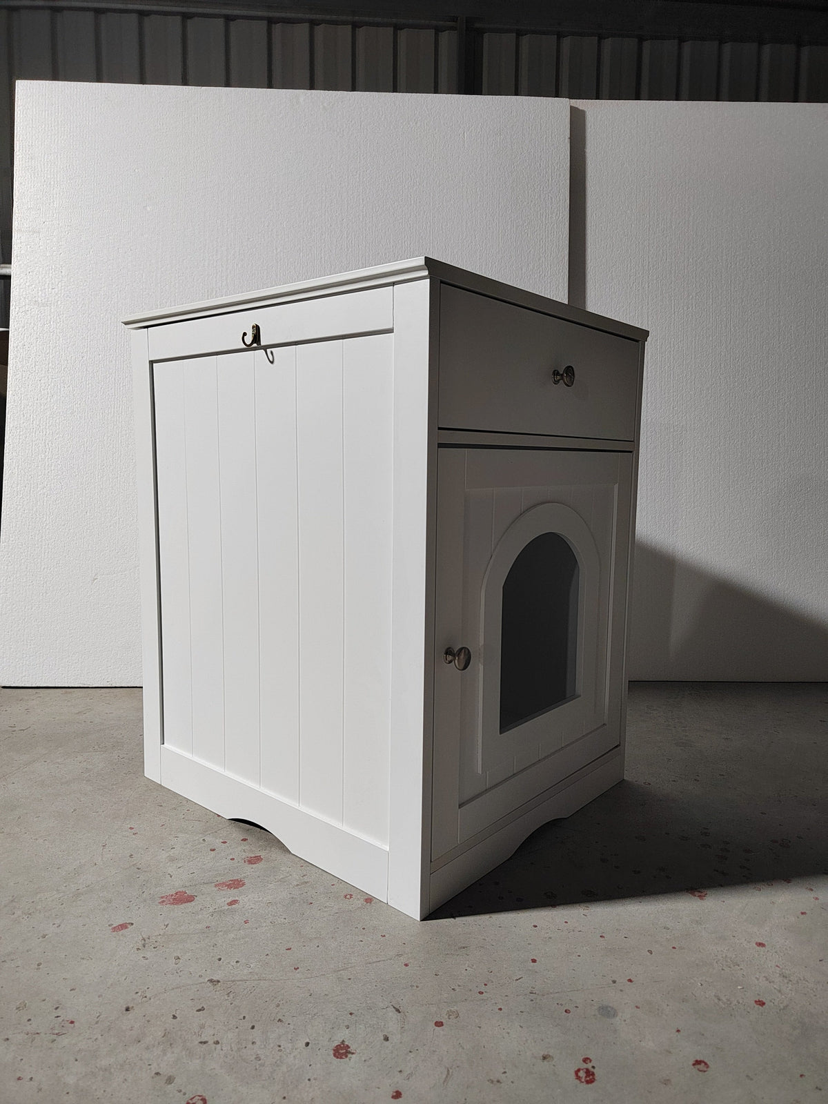 White Wooden Pet House Cat Litter Box Enclosure with Drawer and Side Table, Indoor Cat Home Nightstand for Small Cats, MDF Construction, 18.9'' W x 20.9'' D x 25'' H