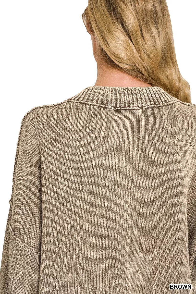 Zenana Washed Deep V-neck Oversized Sweater