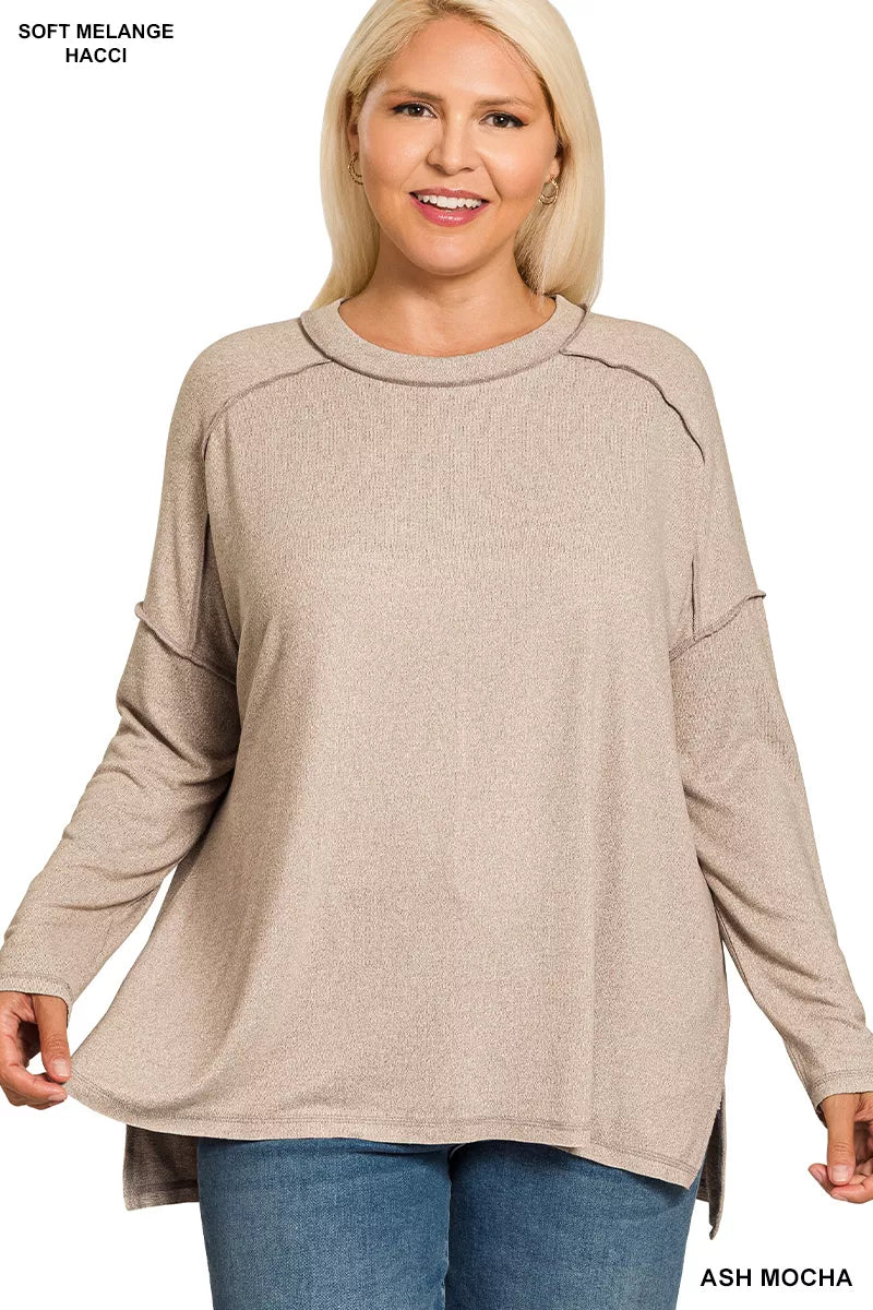 Zenana Full Size Melange Hacci Exposed Seam Hi-low Tee Plus Size