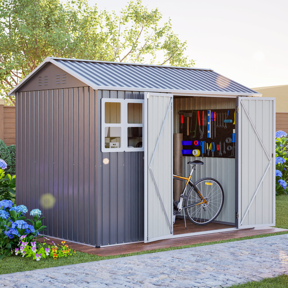 8'x6' Large Steel Storage Shed with Window, Lockable Doors & Sloped Roof, Heavy Duty Outdoor Tool Shed for Garden, Patio, Backyard, Lawn - Dark Gray