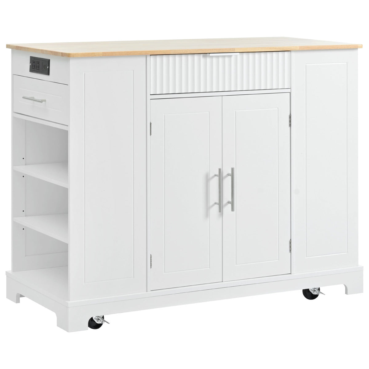 K&K Fluted Kitchen Island with Trash Can Storage Cabinet, Power Outlet, Internal Storage Rack, Rolling Kitchen Islands on 5 Wheels with 3 Drawer, 3 Open Side Racks for 10 Gallon Garbage Bin, White