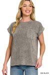 Zenana Halo Snow Washed Cuffed Short Sleeve Tee
