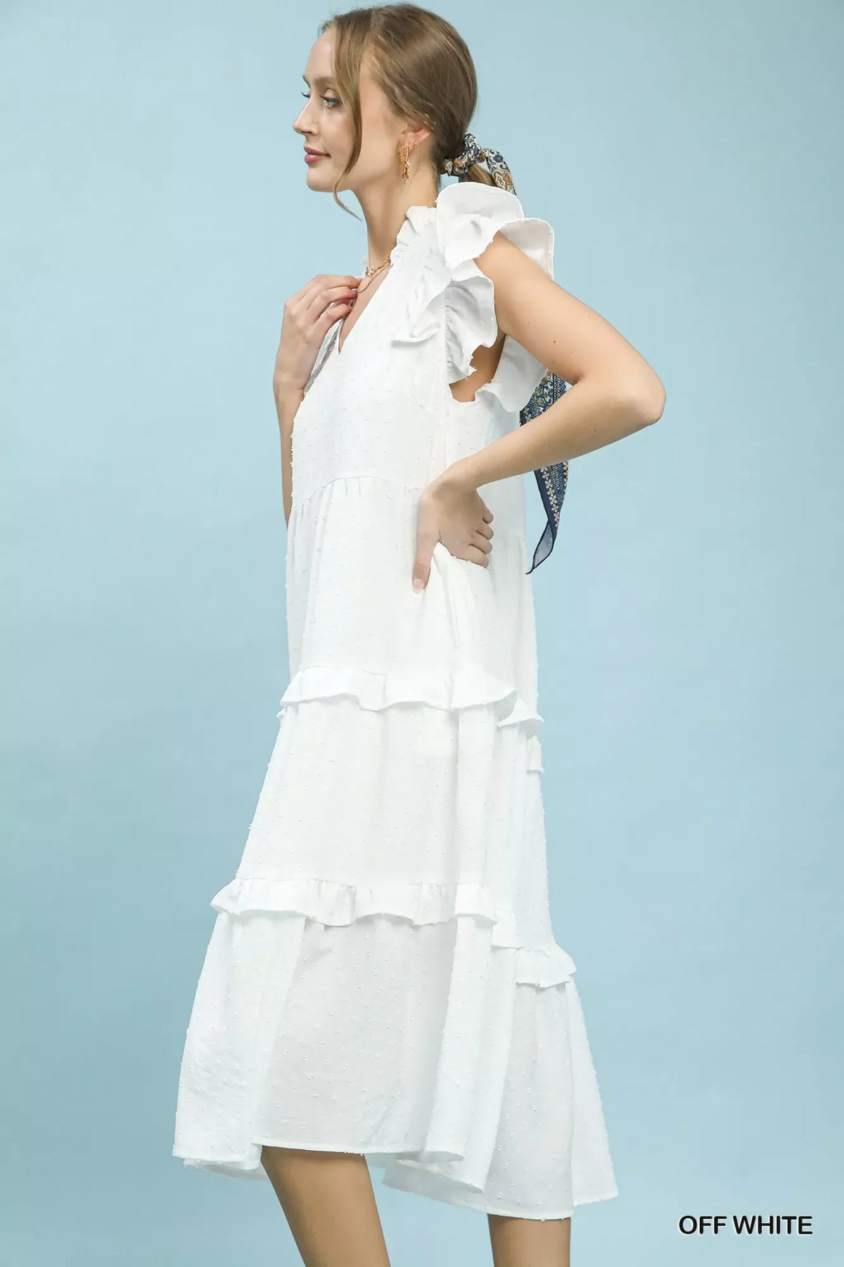 Umgee Textured Ruffle Sleeve Tiered Midi Dress