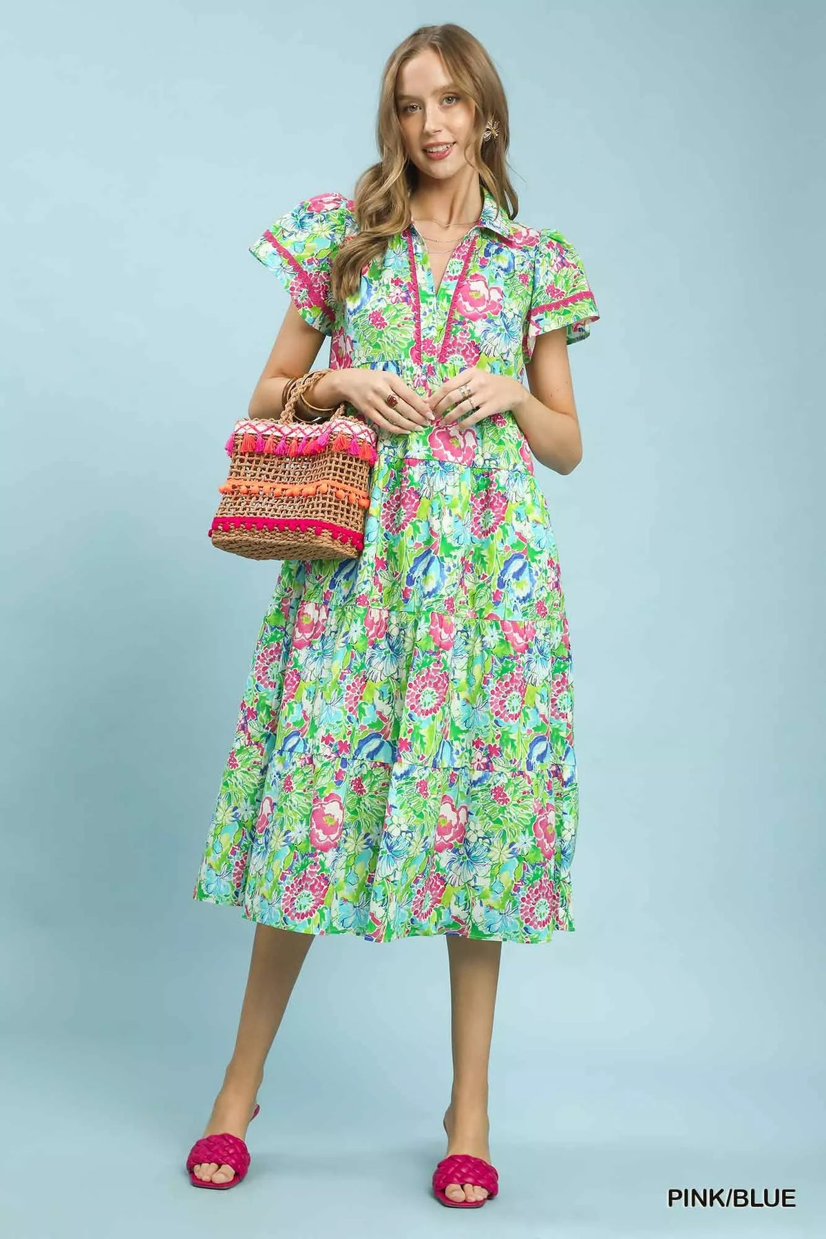 Umgee Bold Mixed Floral Tiered Midi Dress