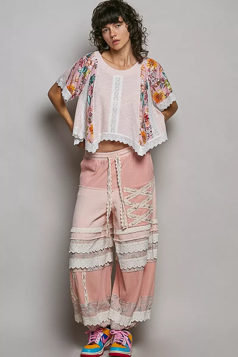 POL Round Neck Ribbed Cropped Top with Lace Detail