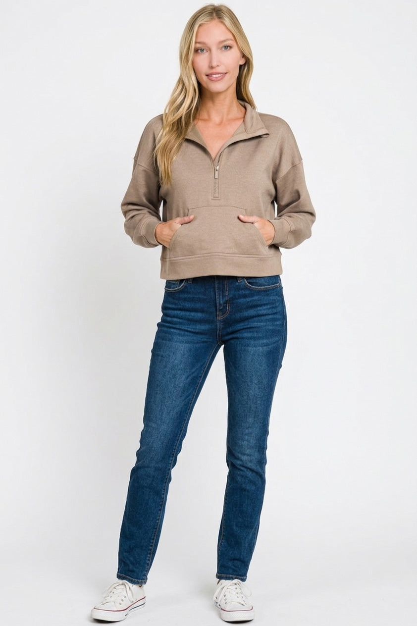 Zenana Scuba Half Zip Pullover With Kangaroo Pockets
