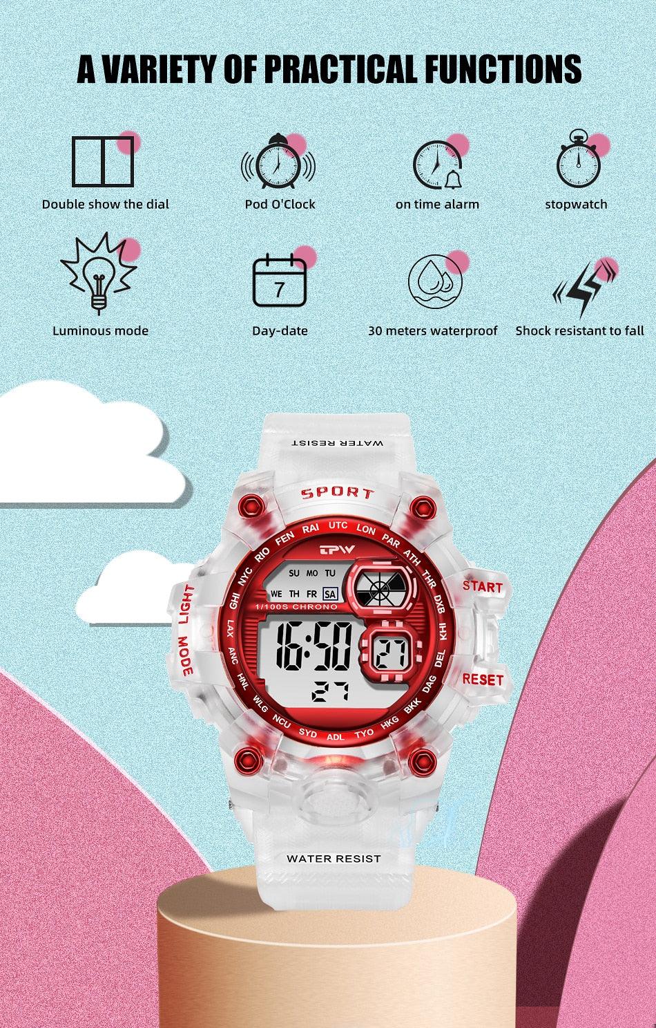 Digital Watches For Women School Girl Student  Transparent Color Water Resistent Silicone Strap Stopwatch Alarm Countdown Dual Time Ultra Super Wide-Angle Display Digital Wrist Watches For Men Women