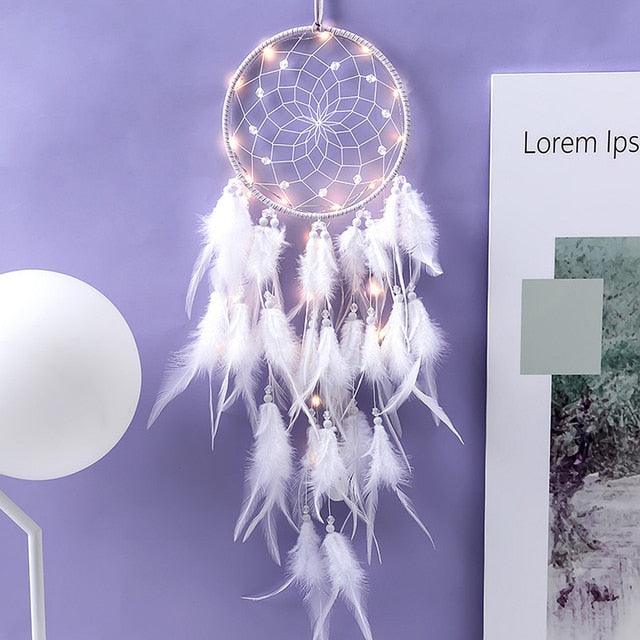 Dream Catcher Wall Decor with White Feathers Indian Style Dream-catcher Moon Handmade Wind Chimes Wall Ornament Girls Room Decoration Feather Dream Catcher For Kids Women Wedding Bohemian Wall Decor