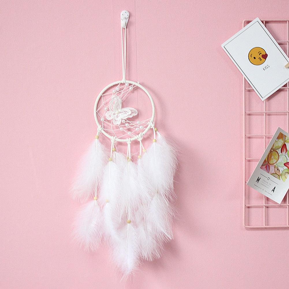 Dream Catcher Wall Decor with White Feathers Indian Style Dream-catcher Moon Handmade Wind Chimes Wall Ornament Girls Room Decoration Feather Dream Catcher For Kids Women Wedding Bohemian Wall Decor