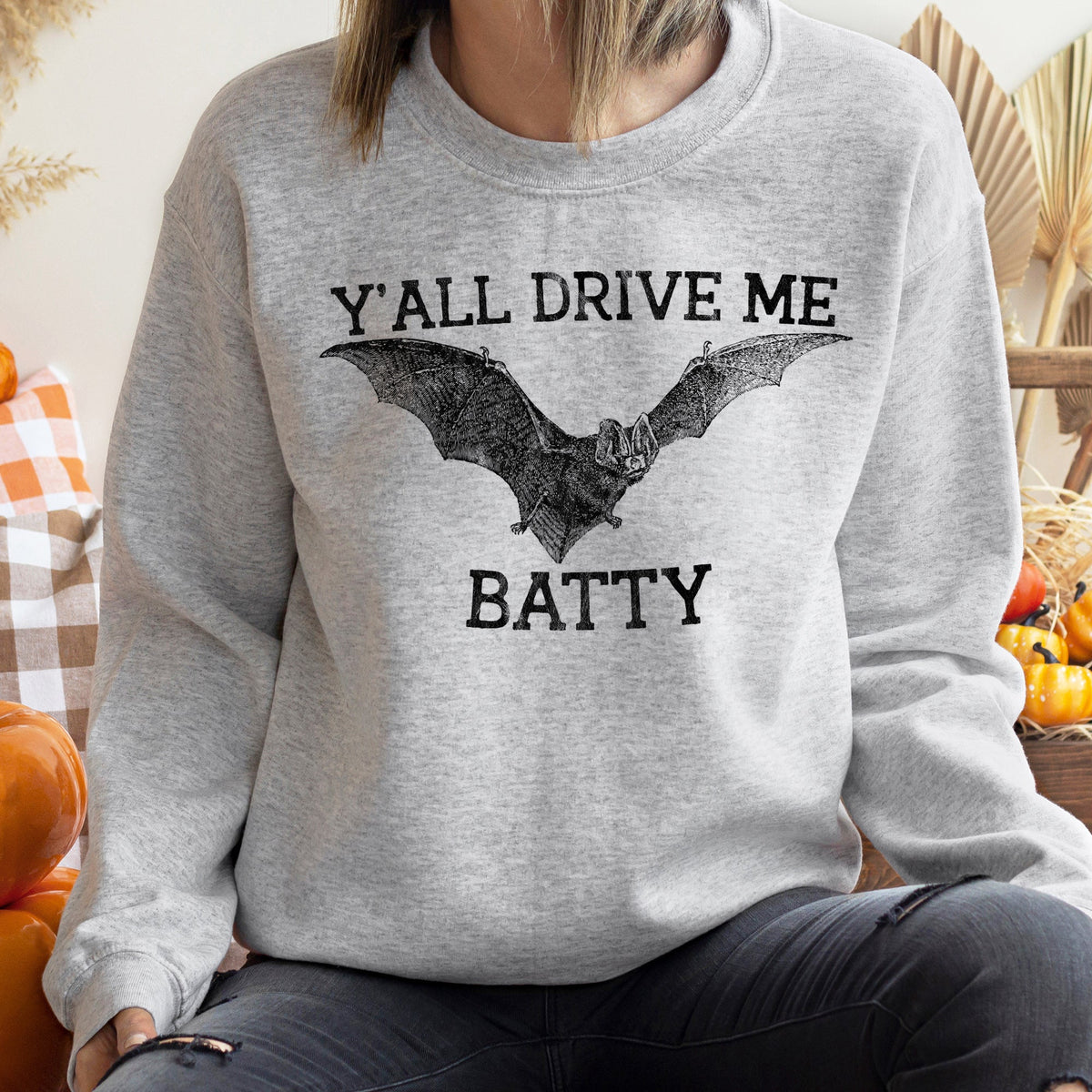 Y'all Drive Me Batty Halloween Spooky Moonlit Night With Party Ghosts And Bats Sweatshirt