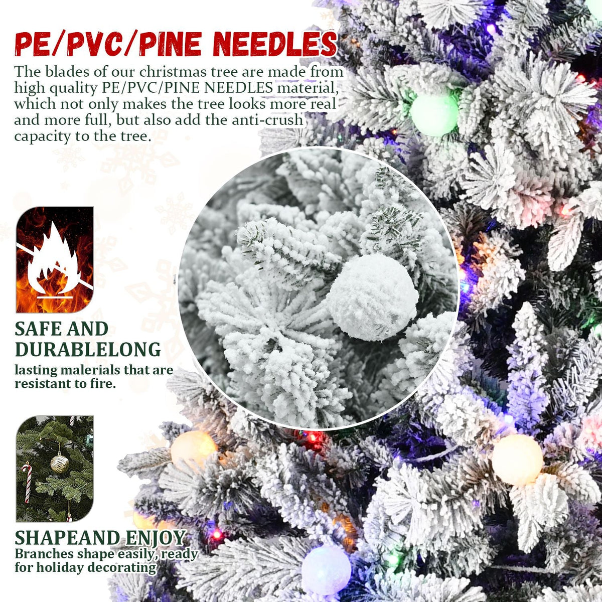 7.5FT Prelit Artificial Flocked Christmas Tree with 400 Multi-Color LED Lights, Full Hinged Pine Xmas Tree with 1523 PE & PVC Mixed Branch Tips, Metal Stand and Hinged Branches, 10 Colors