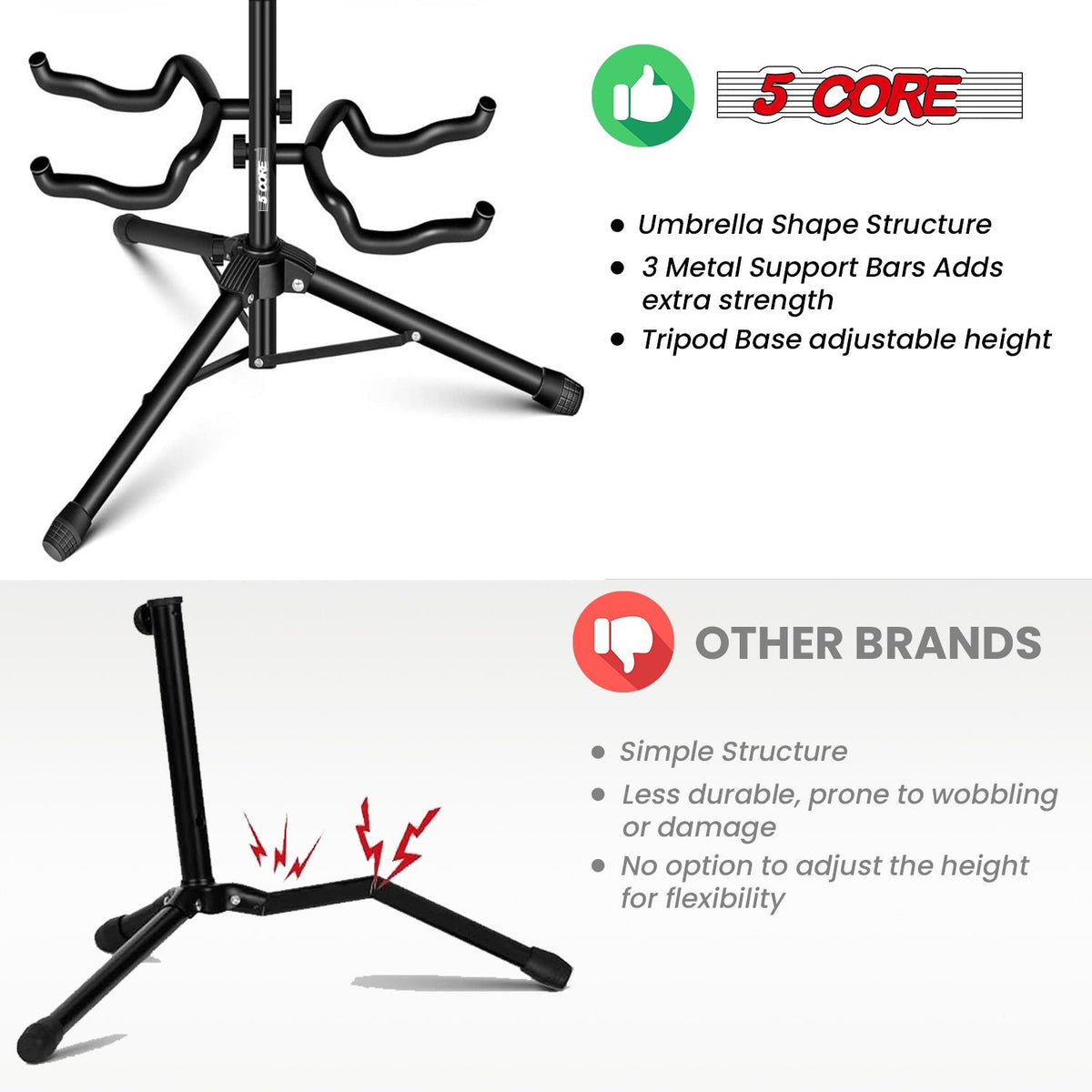 Guitar Stand Adjustable Double Guitars Stands Floor w Neck Holder Universal Supports for Acoustic Electric Classic Bass Instrument Folding Portable Black - GSH 2N1