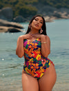 2026 New Plus Size One-Piece Swimsuit: Tropical Floral Print, Round Neck, Side Tie Ruched, Vibrant Beach Style