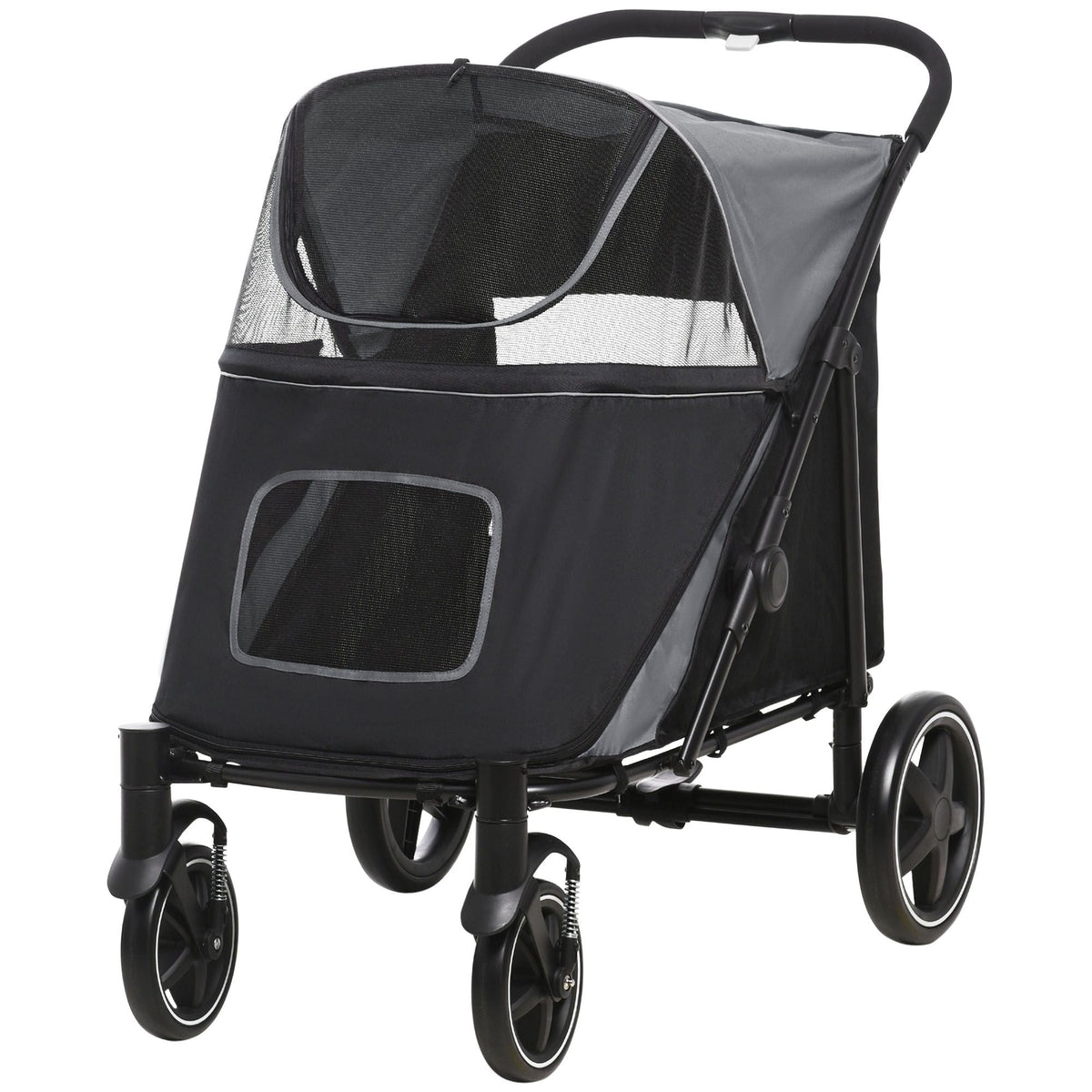 PawHut Pet Stroller Dog Cat Carriage One Click Fold with Universal Front Wheels Shock Absorber Brakes Storage Bags Mesh Window