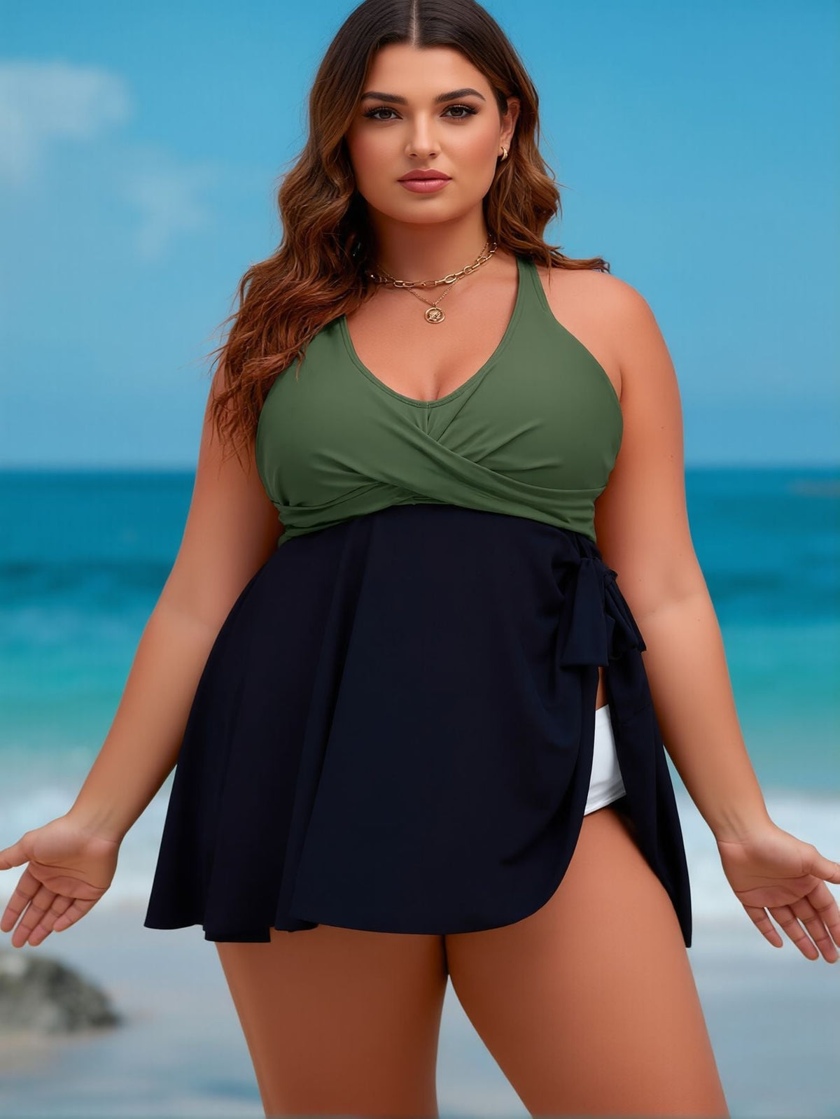2026 New Women's Plus Size One-Piece Swimsuit Dress: Olive Green & Navy, Halter Neck, Wrap Skirt, Curvy-Friendly Beach Style