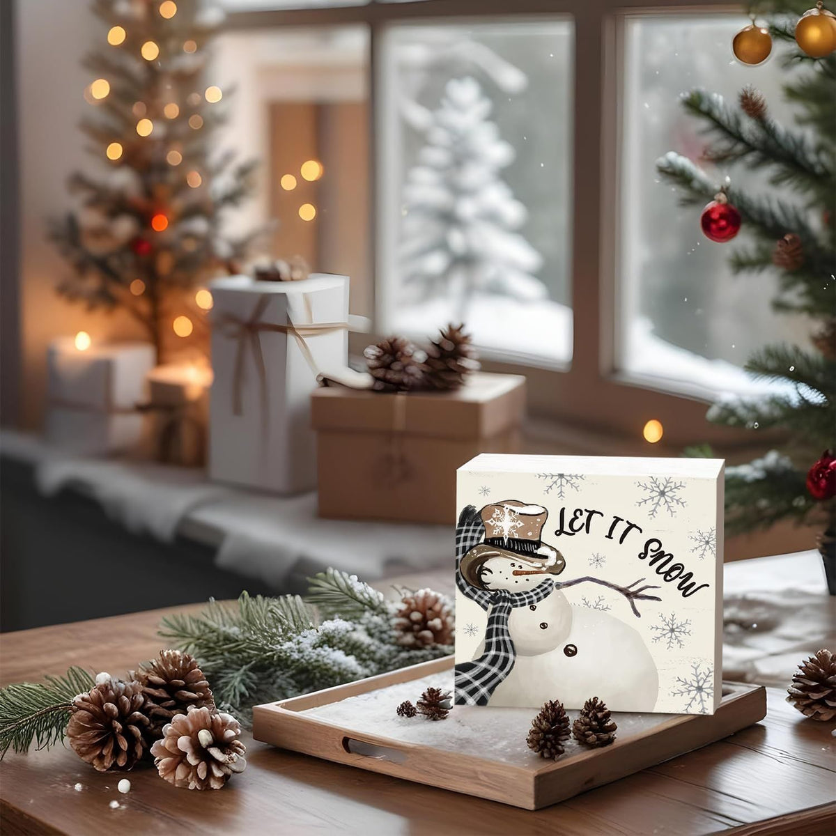 Christmas Decor Red Truck Christmas Wooden Box Signs Buffalo Plaid Christmas Decorations Christmas Decor for Home Office Bedroom Fireplace Car Tiered Tray Decor Christmas Gifts for Women 5x5