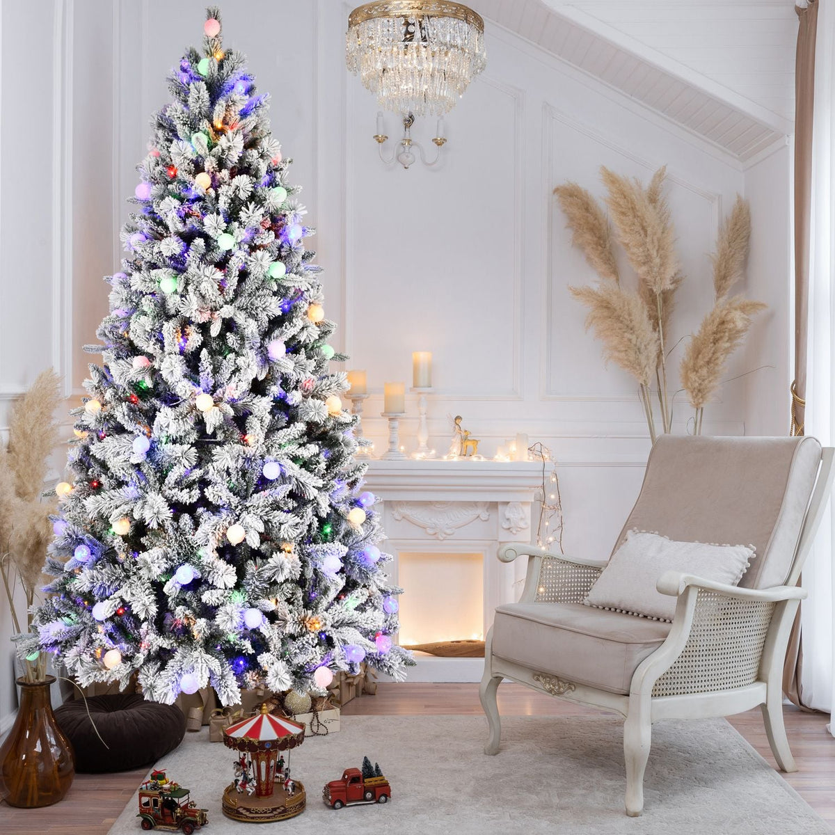 7.5FT Prelit Artificial Flocked Christmas Tree with 400 Multi-Color LED Lights, Full Hinged Pine Xmas Tree with 1523 PE & PVC Mixed Branch Tips, Metal Stand and Hinged Branches, 10 Colors