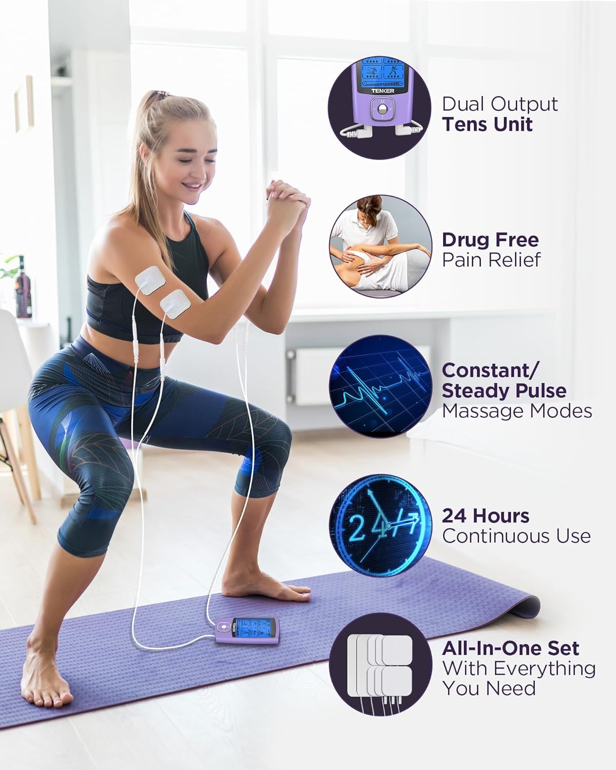 TENS Unit Muscle Stimulator, 24 Modes TENS EMS Machine for Pain Relief Therapy/Pain Management, Rechargeable Electronic Pulse Massager with 2"x2" and 2"x4" TENS Unit Electrode Pads