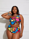 Women's Plus Size Abstract Print Bikini Set, One Shoulder Crop Top with High Waist Brief, Colorful Swimwear for Curvy Women