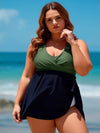 2026 New Women's Plus Size One-Piece Swimsuit Dress: Olive Green & Navy, Halter Neck, Wrap Skirt, Curvy-Friendly Beach Style