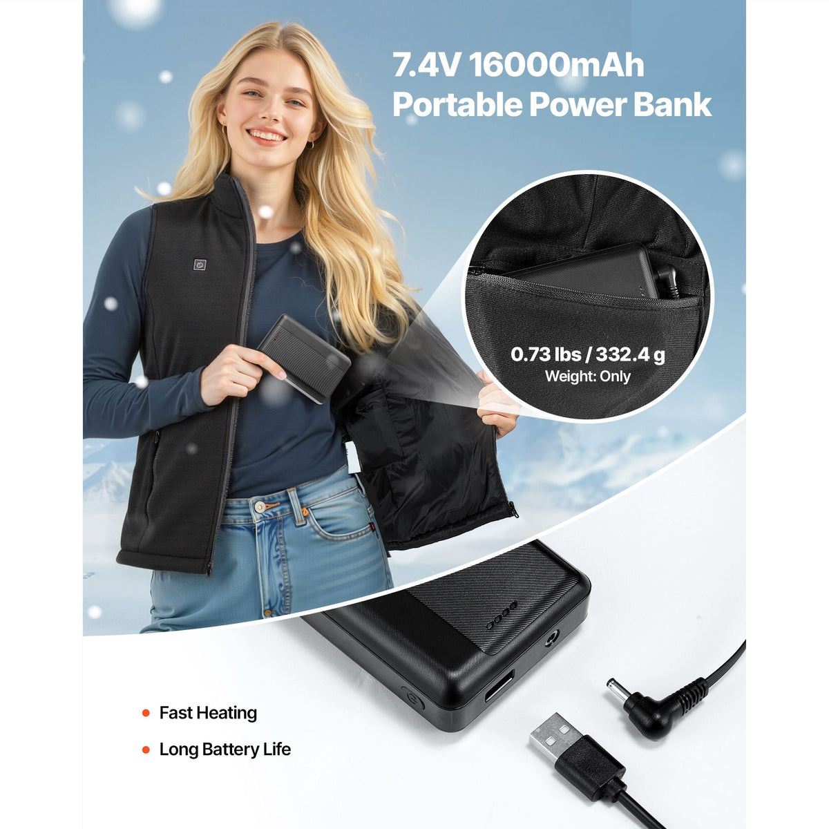 Heated Vest, Women Electric Heating Vest with 16000 mAh Battery Pack, 6 Heating Zones Lightweight Rechargeable Winter-Vest with 3 Levels, for Outdoor Hiking Camping Fishing Skiing, Size M
