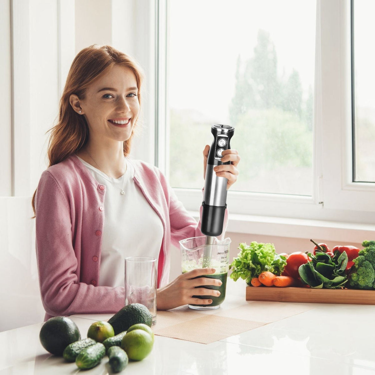 1000W 5 In 1 Immersion Hand Blender Stainless Steel Hand Mixer with 12 Speeds Turbo Mode Food Processor with 20Oz Beaker 17Oz Chopper Whisk Milk Frother