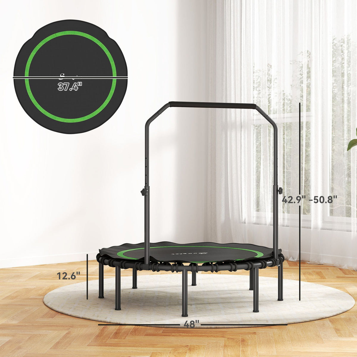 48" Rebounder Trampoline for Adults, Foldable Mini Trampoline with Adjustable Handle Bar for Indoor Outdoor, Green