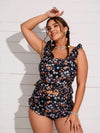 2026 New Plus Size Tankini Set: Ditsy Floral Print, Ruffle Straps, High Waist, Cute Beach Style