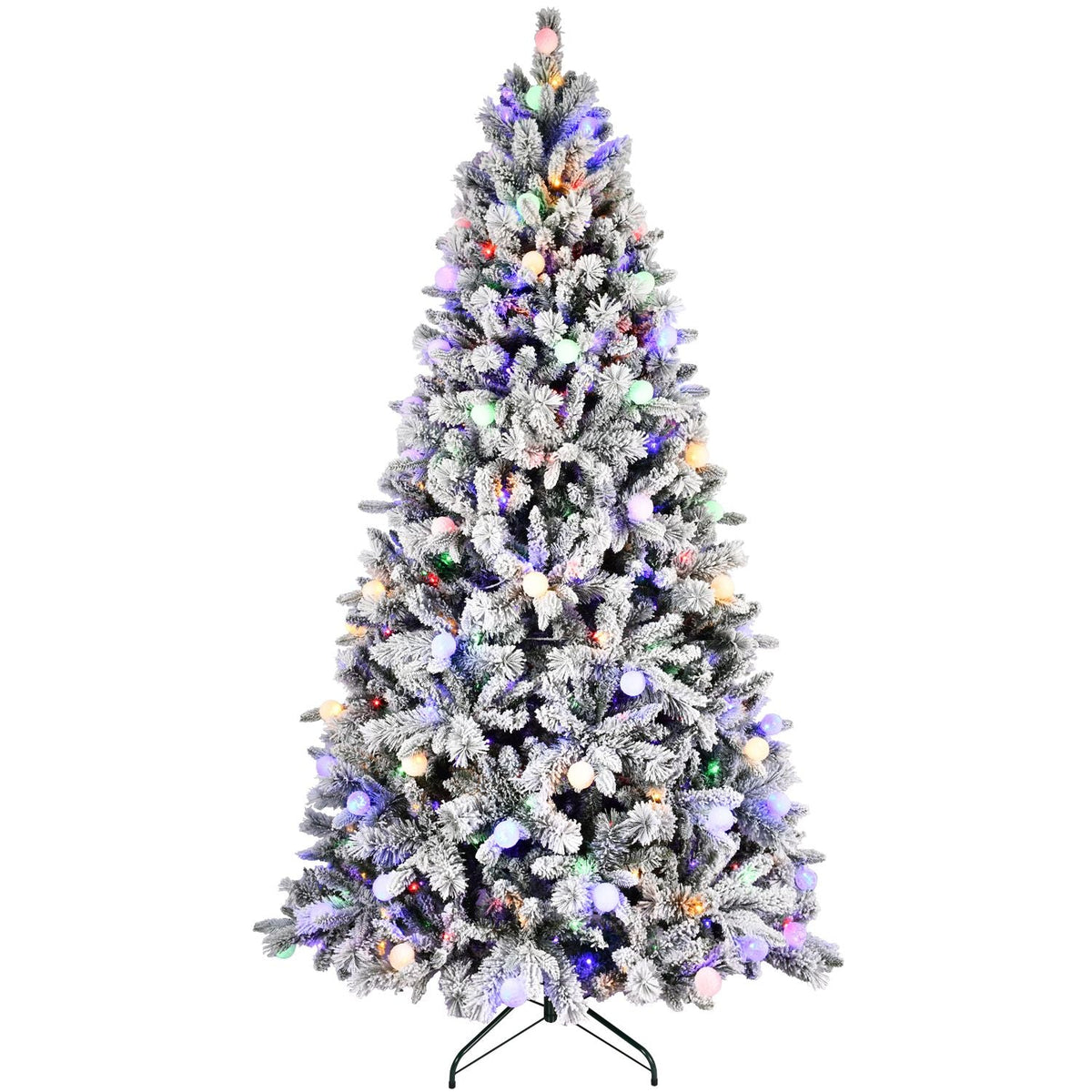 7.5FT Prelit Artificial Flocked Christmas Tree with 400 Multi-Color LED Lights, Full Hinged Pine Xmas Tree with 1523 PE & PVC Mixed Branch Tips, Metal Stand and Hinged Branches, 10 Colors