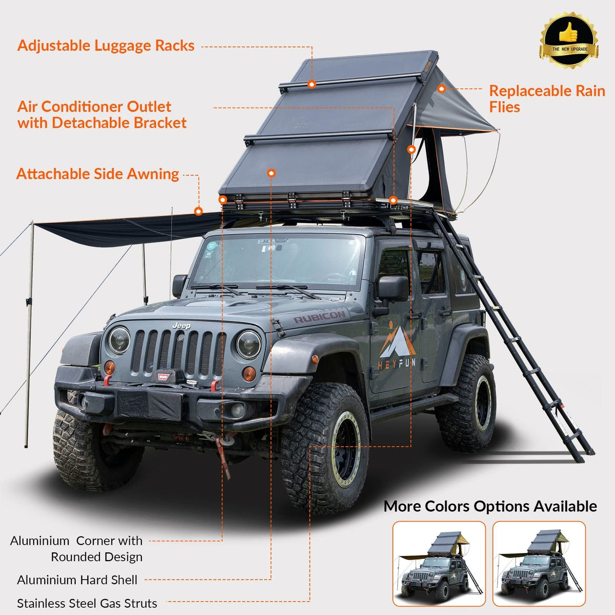 Roll over image to zoom in Adventurer Plus Rooftop Tent Hardshell with Side Awning, Air Conditioner Outlet with Bracket, &Replaceable Rain Flies, Truck Bed Tent for Camping, Pop Up Overland Roof Tents