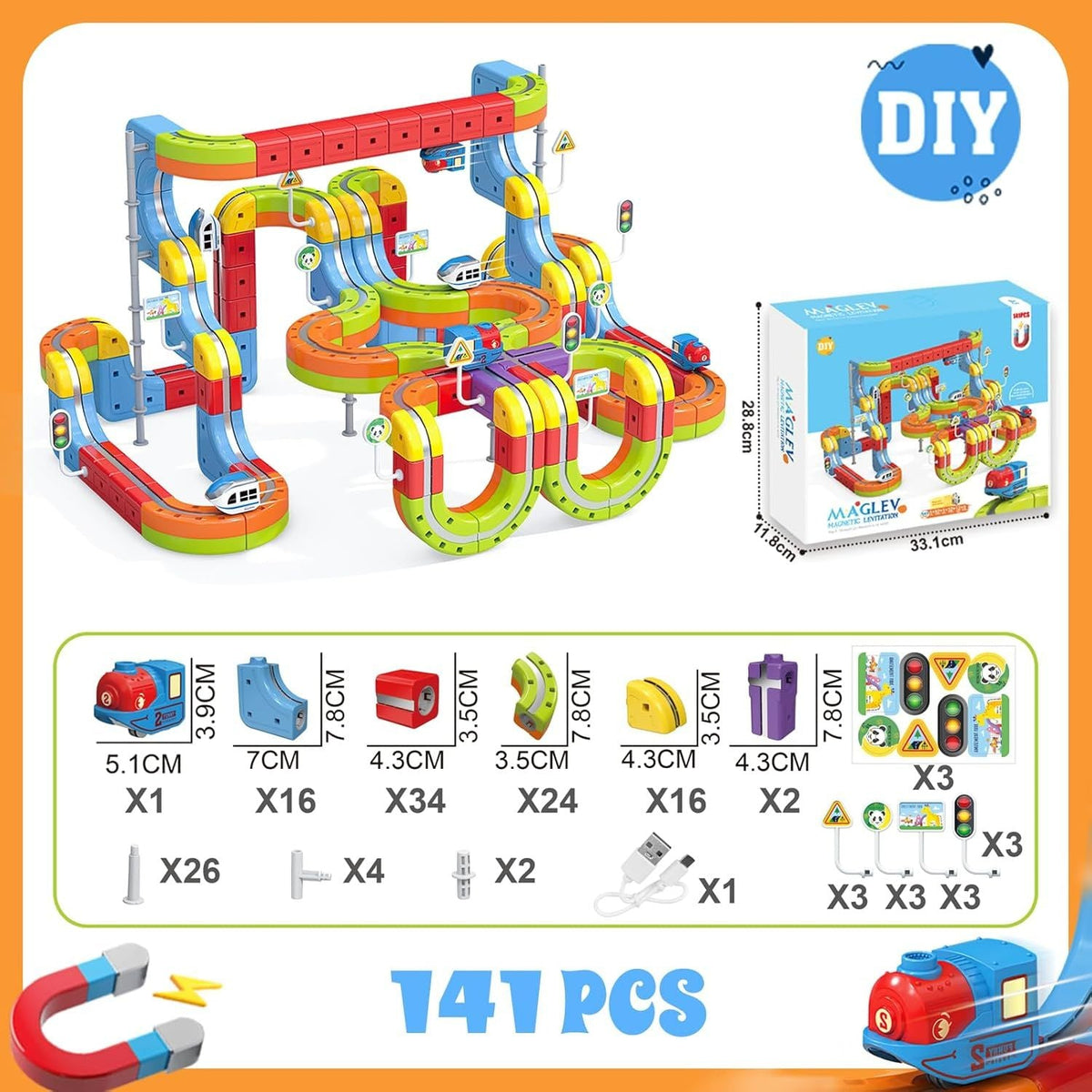 141 PCS klick Rail Electric Train Set with Racer 3D Train, Cube Track Car, STEM Educational Toy for Kids Flexible Race Track for Boys & Girls