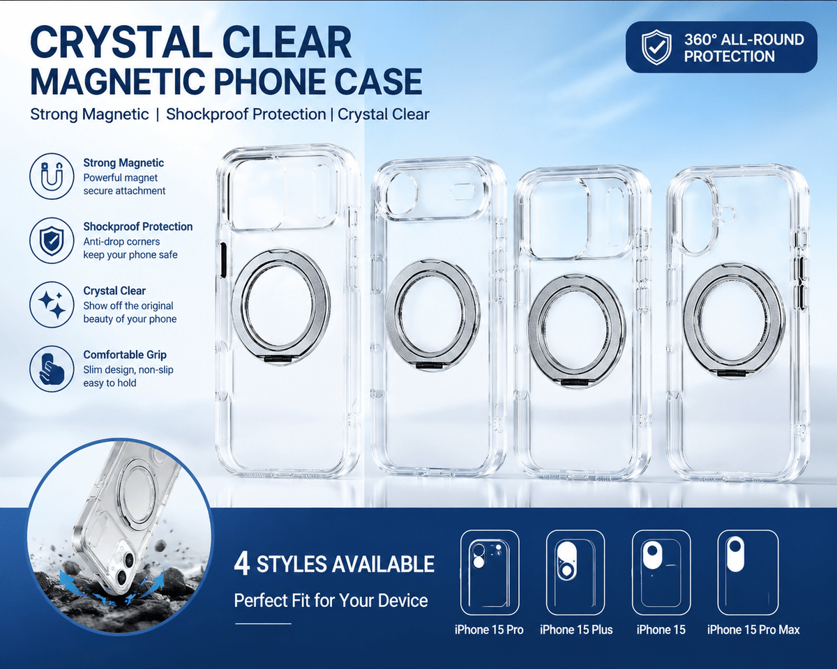 Transparent Magnetic Phone Case Compatible with iPhone 13-17 AIR, 360° Rotating Ring Holder, Anti-Yellow & Shockproof Protective Case, Works with Magnetic Accessories