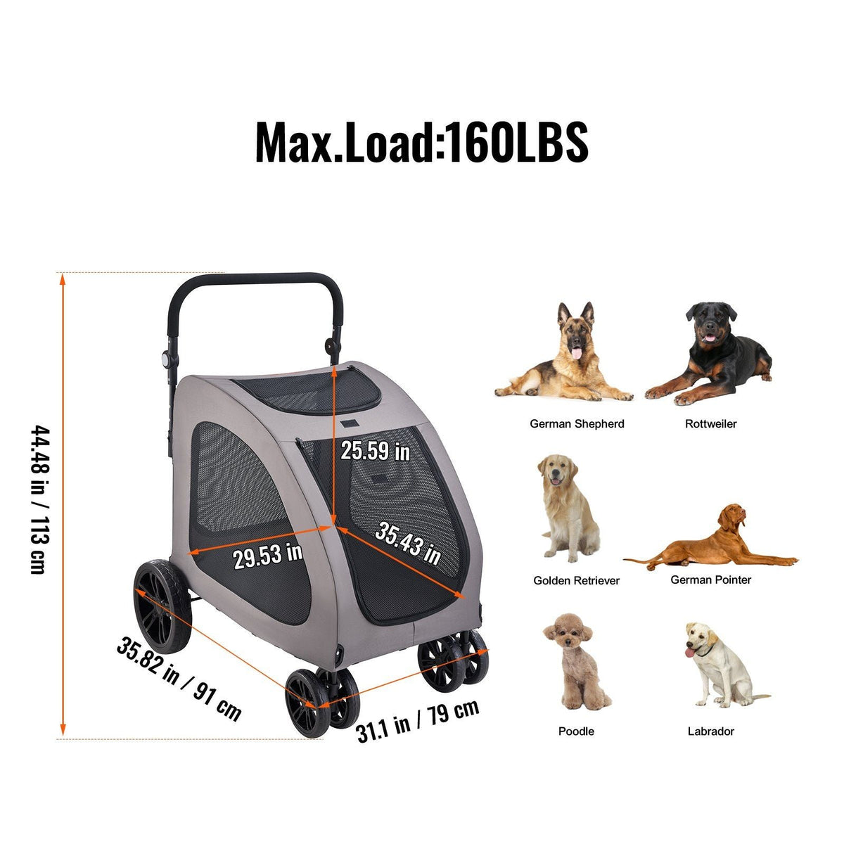 Pet Stroller - 4-Wheels Dog Stroller Carrier 160lbs Weight Capacity Portable